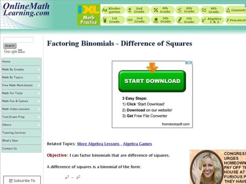 Factoring Binomials - Difference of Squares Interactive