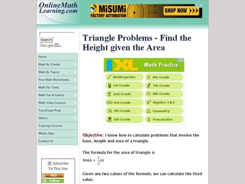 Triangle Problems - Find the Height given the Area Interactive