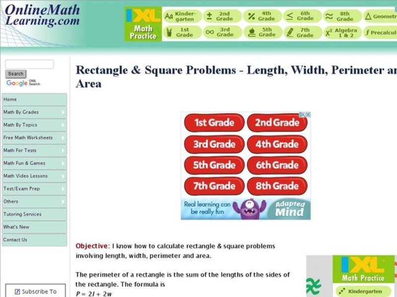 Rectangle & Square Problems - Length, Width, Perimeter and Area Interactive