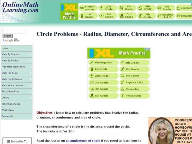 Circle Problems - Radius, Diameter, Circumference and Area Interactive