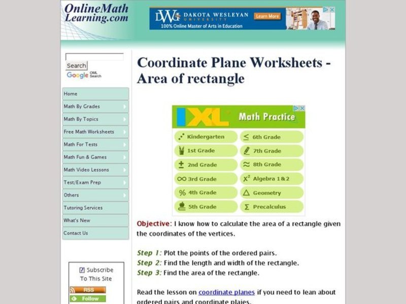 Coordinate Plane Worksheets - Area of Rectangle Interactive