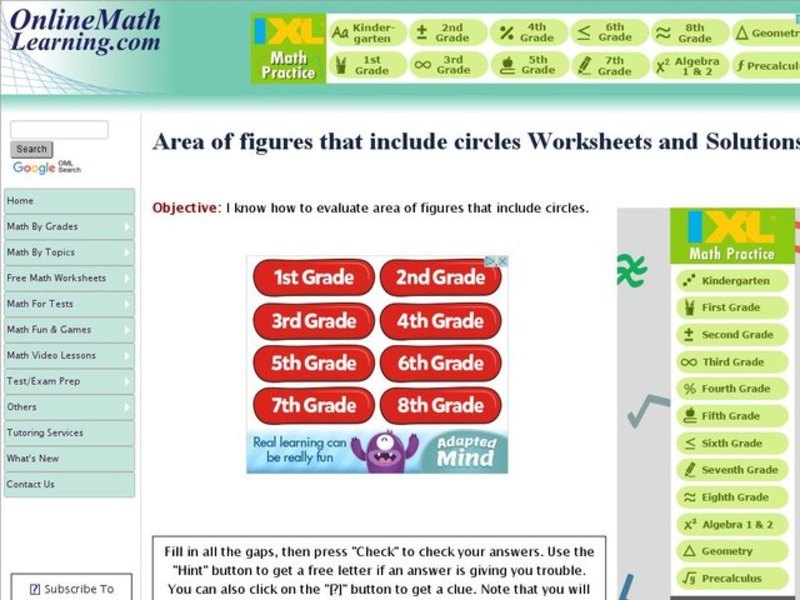 Find the Area of Four Shaded Figures that Include Circles Interactive