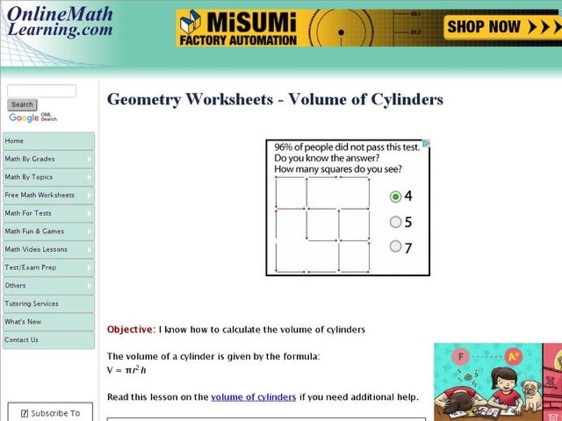 Geometry Worksheets - Volume of Cylinders Interactive