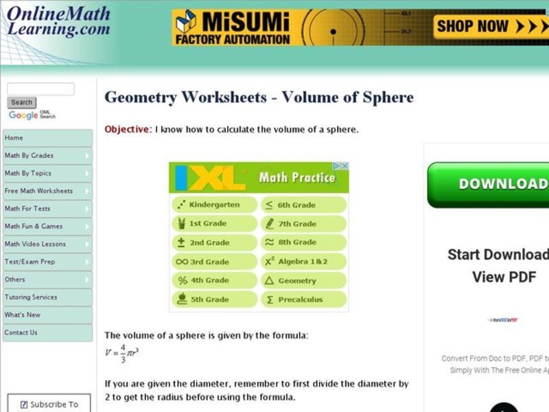 Geometry Worksheets-volume of Sphere Interactive