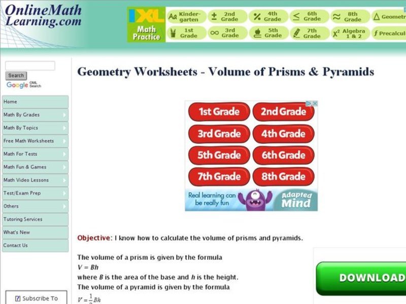 Geometry Worksheets-Volume of Prisms and Pyramids Interactive