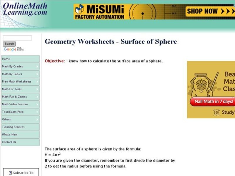 Geometry Worksheets - Surface of Sphere Interactive