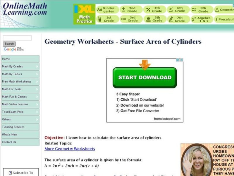 Geometry Worksheets - Surface Area of Cylinders Interactive