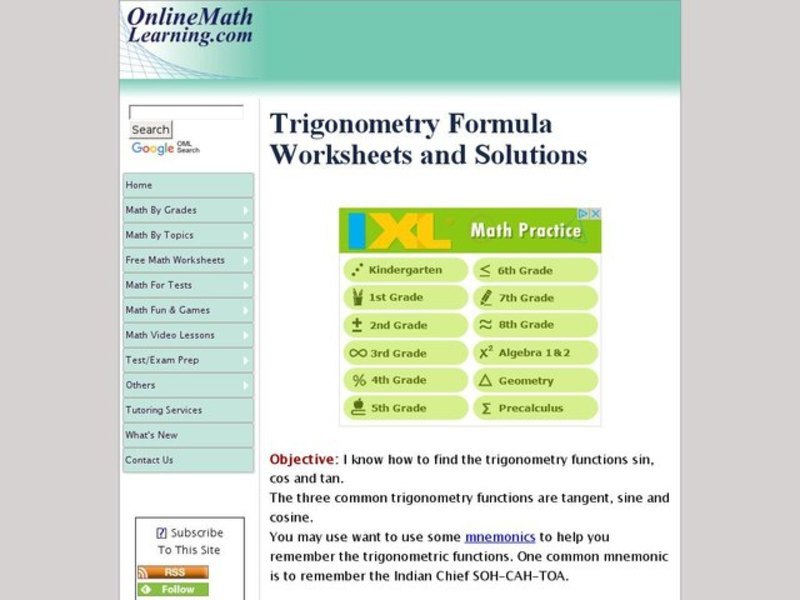Trigonometry Formula Worksheet Interactive