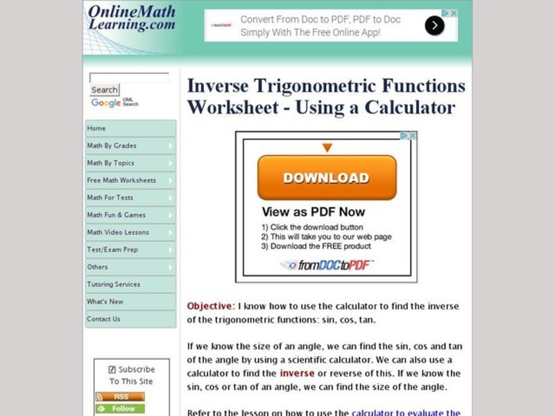 Inverse Trigonometric Functions-Using a Calculator Interactive