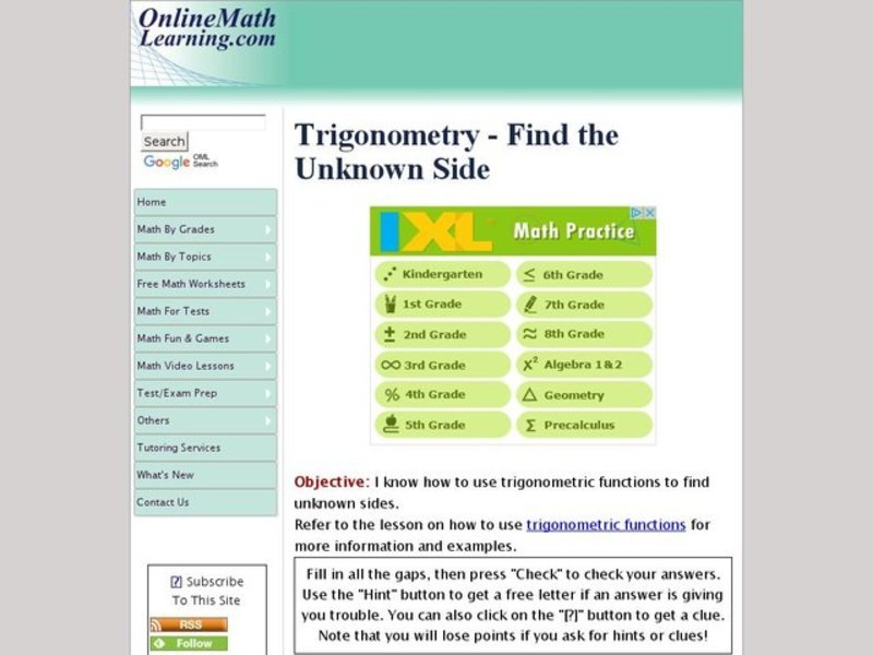 Triginometry: Find the Unknown Side Interactive