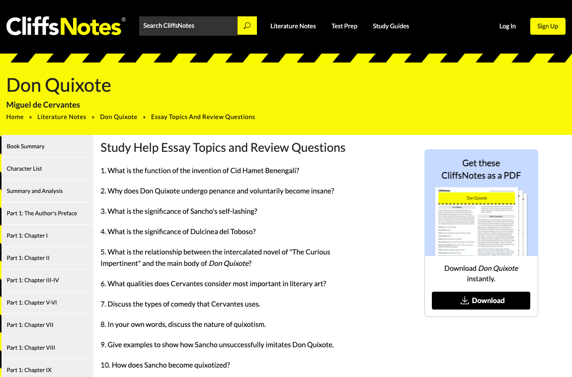 Don Quixote: Study Help Essay Topics and Review Questions Writing