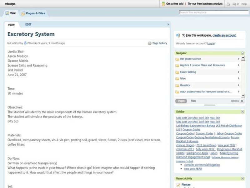 Excretory System Lesson Plan