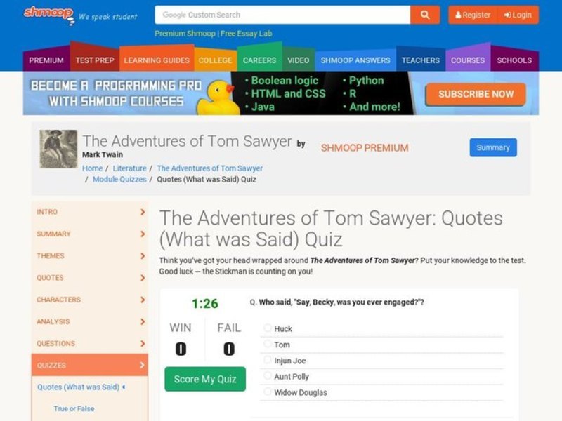 The Adventures of Tom Sawyer: Quotes (What was Said) Quiz Interactive
