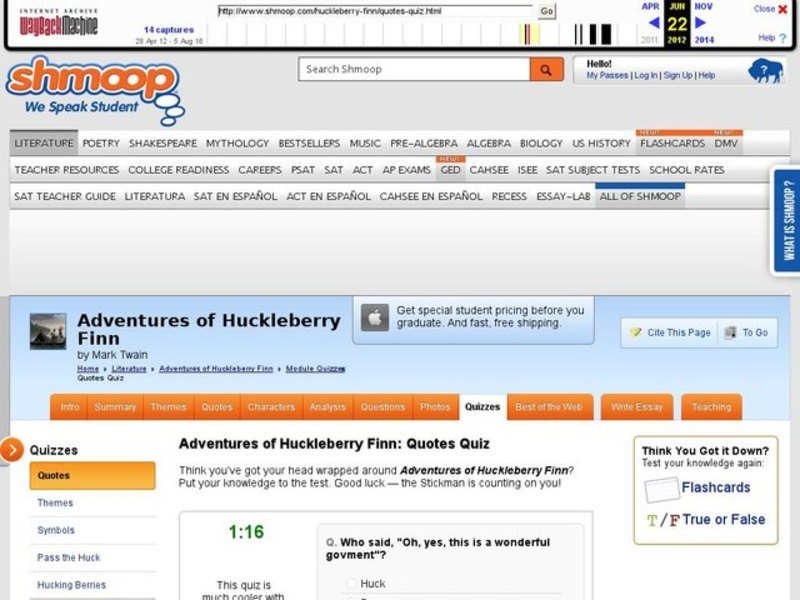 Adventures of Huckleberry Finn: Quotes Quiz Interactive