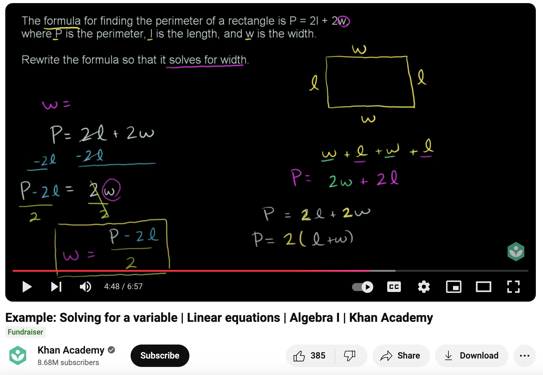 Example: Solving For a Variable, Linear Equations, Algebra I Instructional Video