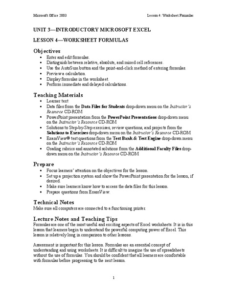 Excel Lesson Lesson Plan