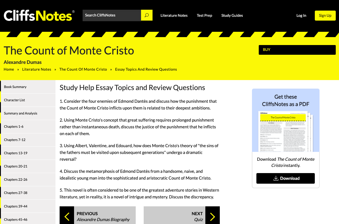 The Count of Monte Cristo: Study Help Essay Topics and Review Questions Writing