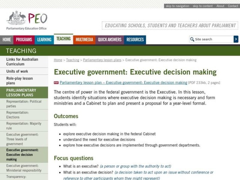 Executive Government: Executive Decision Making Lesson Plan