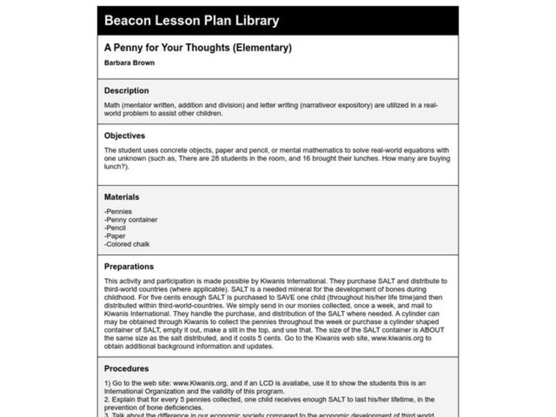 A Penny for Your Thoughts Lesson Plan