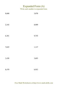 Expanded Form (A) Worksheet