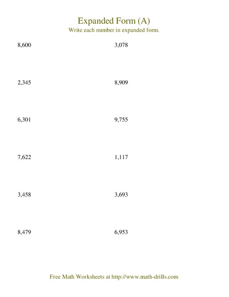Expanded Form (A) Worksheet