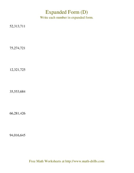 Expanded Form (D) Worksheet
