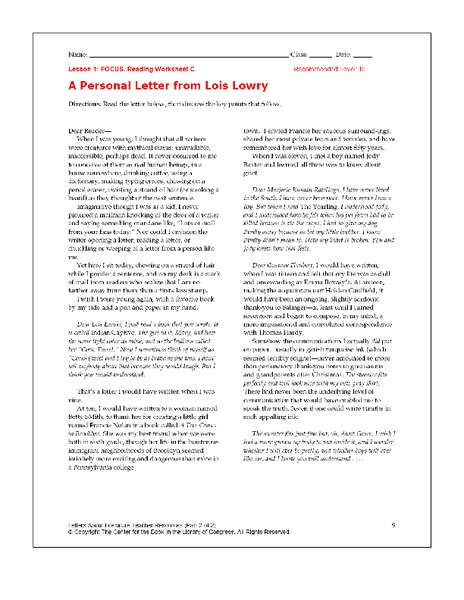 A Personal Letter from Lois Lowry Worksheet