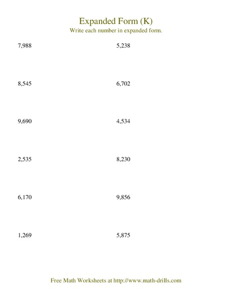 Expanded Form (K) Worksheet