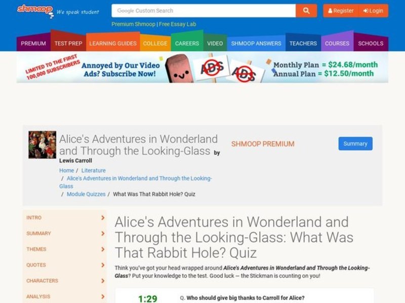 Alice's Adventures in Wonderland and Through the Looking-Glass: What was that Rabbit Hole? Quiz Interactive