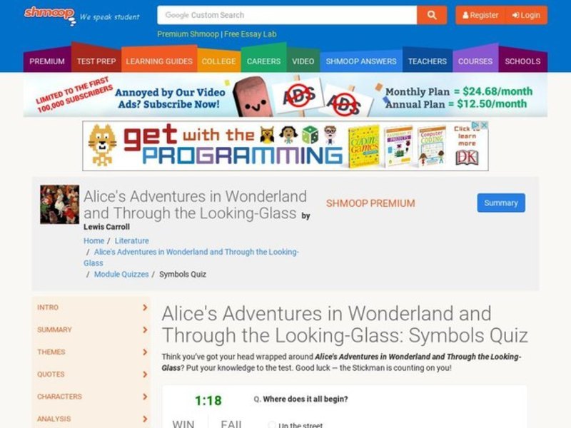 Alice's Adventures in Wonderland and Through the Looking-Glass: Symbols Quiz Interactive