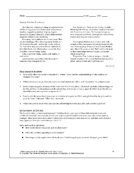 A Personal Letter from Lois Lowry Worksheet