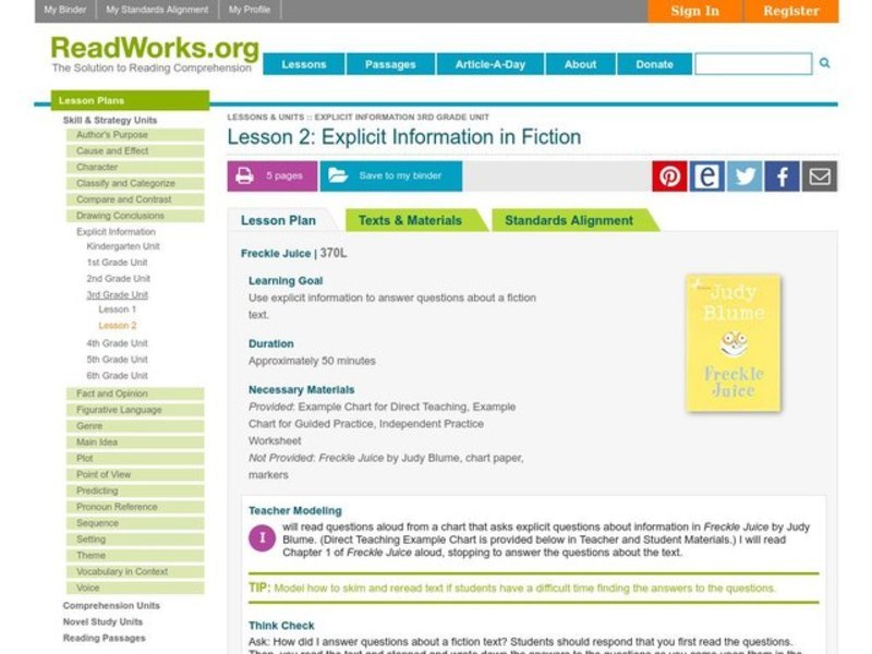 Explicit Information in Fiction Lesson Plan