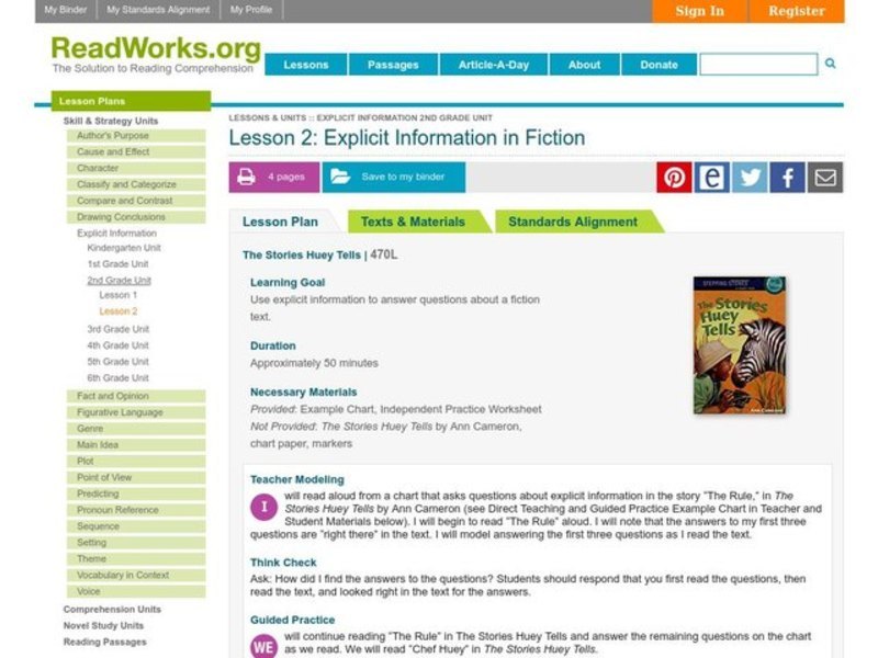 Explicit Information in Fiction Lesson Plan