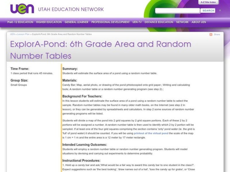 ExplorA-Pond: 6th Grade Area and Random Number Tables Lesson Plan