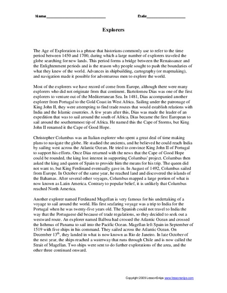 Explorers Worksheet