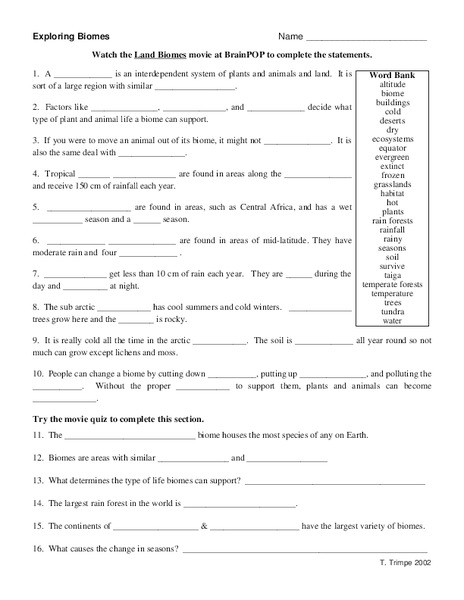 Exploring Biomes Worksheet