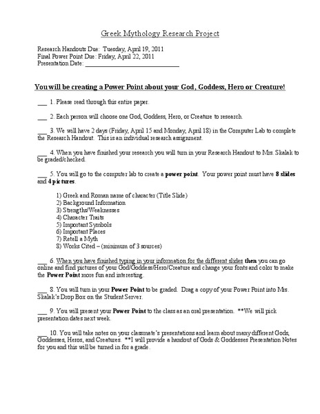 Greek Mythology Research Project Activity