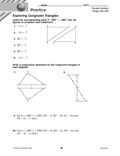 Exploring Congruent Triangles Worksheet