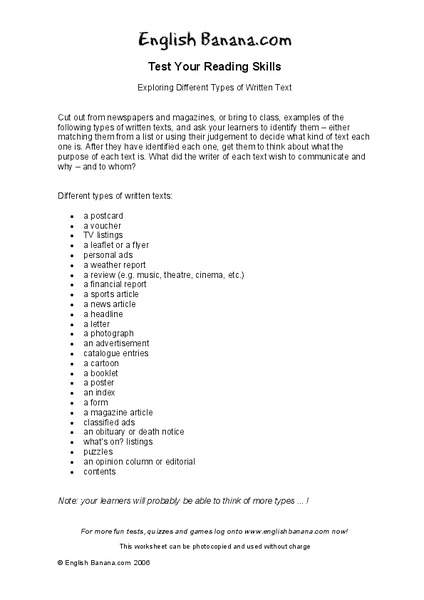 Exploring Different Types of Written Text Worksheet