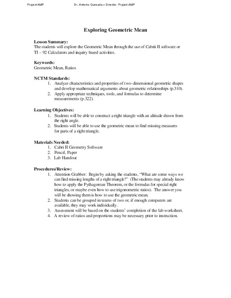 Exploring Geometric Mean Lesson Plan