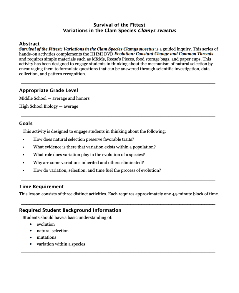 Survival of the Fittest - Variations in the Clam Species Clamys sweetus Lesson Plan