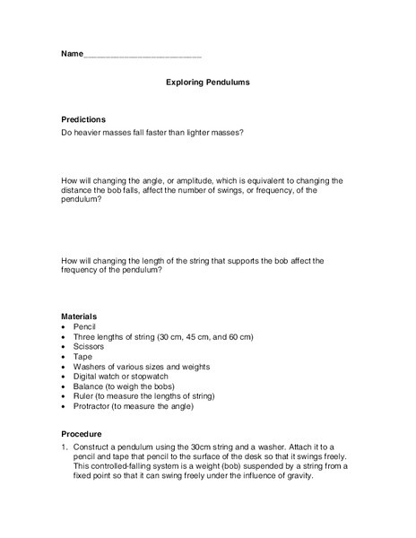 Exploring Pendulums Worksheet