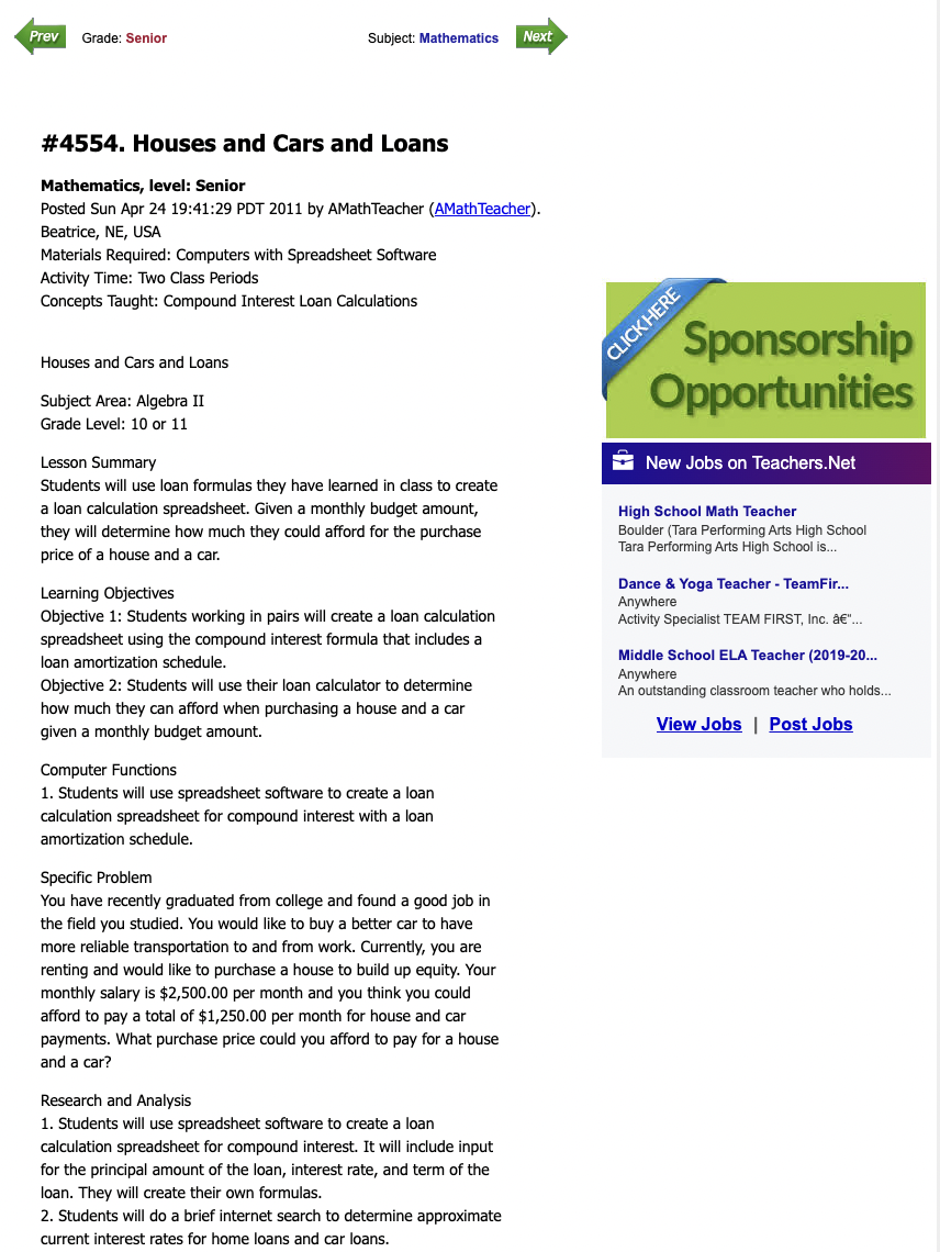 Houses and Cars and Loans Lesson Plan