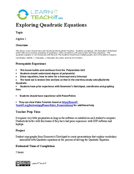 Exploring Quadratic Equations Lesson Plan