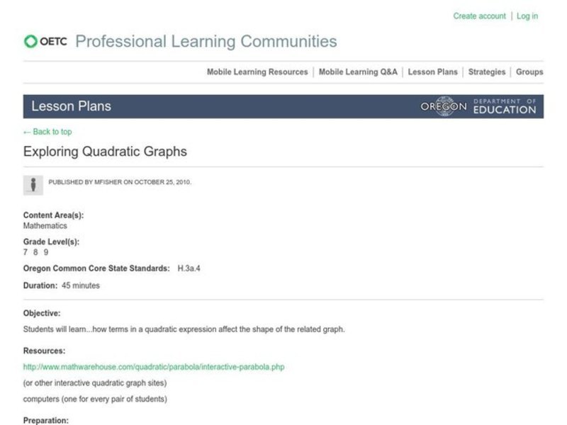Exploring Quadratic Graphs Lesson Plan