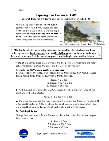 Exploring the Hudson in 1609 Worksheet