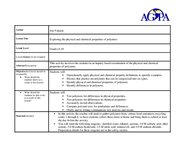 Exploring the Physical and Chemical Properties of Polymers Lesson Plan