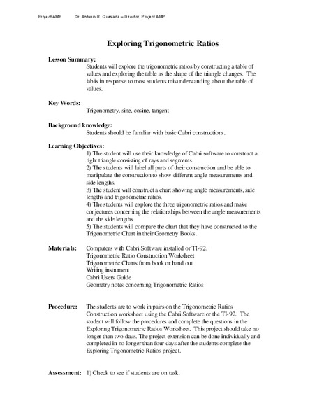 Exploring Trigonometric Ratios Lesson Plan