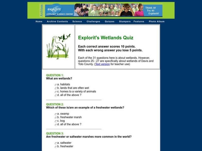 Explorit's Wetlands Quiz Interactive