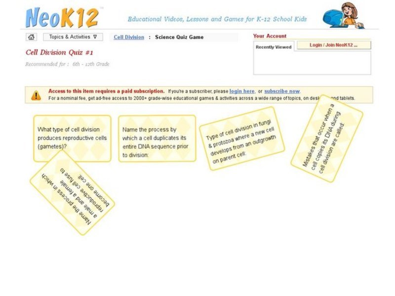 Cell Division Quiz #1 Interactive